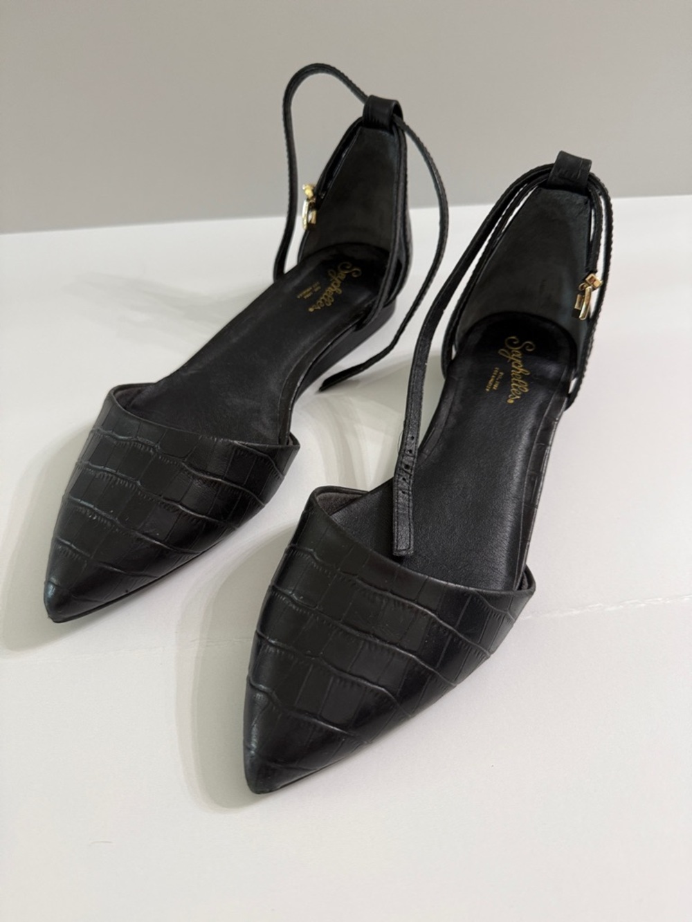 Seychelles Black Croc-Embossed Pointed D'Orsay Flats with Ankle Strap